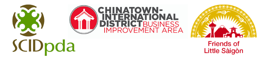 Three logos Relief Fund Organizers: Seattle Chinatown International District Preservation and Development Authority, Chinatown International District Business Improvement Area, and Friends of Little Saigon.